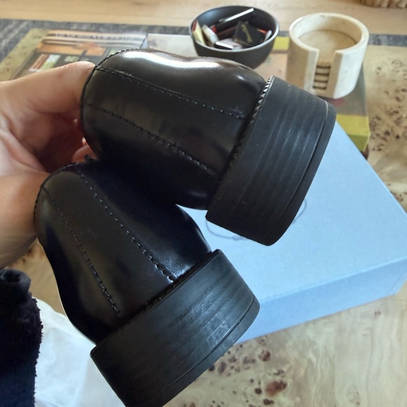 Prada Black Leather Penny Loafers with Triangle Logo - Picture 3 of 9